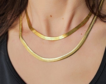 14k Gold Thick Herringbone Chain Necklace, Snake Necklace, Bold Link Choker, Chunky Vintage Chain, Men Women Stacking, Mothers Gift For Her,