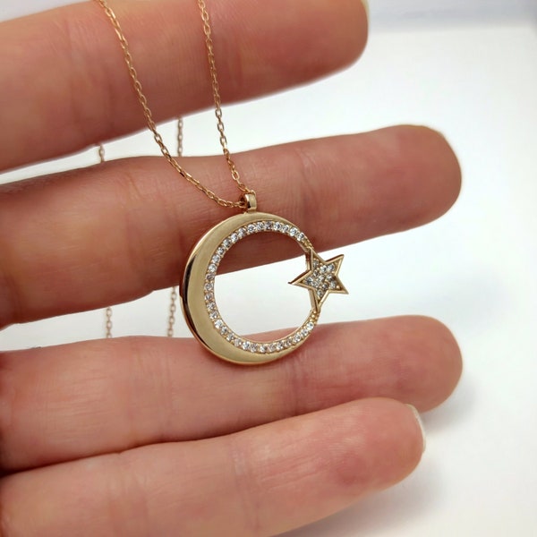 14K Solid Gold Moon and Star Pendant Necklace, Crescent Moon Charm Necklace, Jewelry for Women, Mystic Gift For Her, Minimalist Necklace,