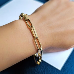 14K Gold Paperclip Chain Bracelet, Rectangle Long Chain, Chunky Chain Link Bracelet, Stacking Bracelet, Unisex Chain, Gift For Her Him,