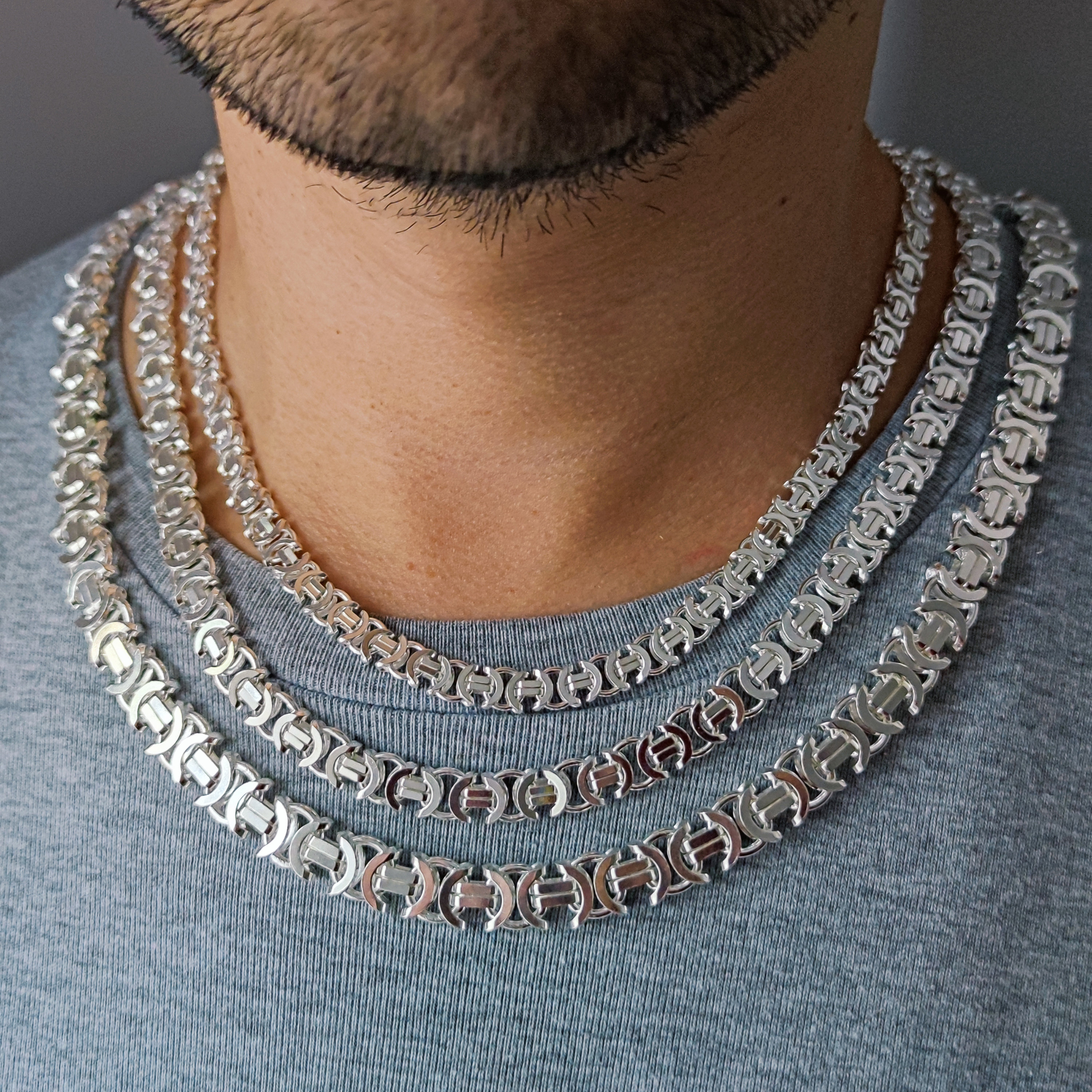 thumbnail interactive-video image 1 of 925 Sterling Silver Byzantine Chain Necklace – 26 Inch, 55 Gram – Men's Handmade Flat Byzantine 1 of 5