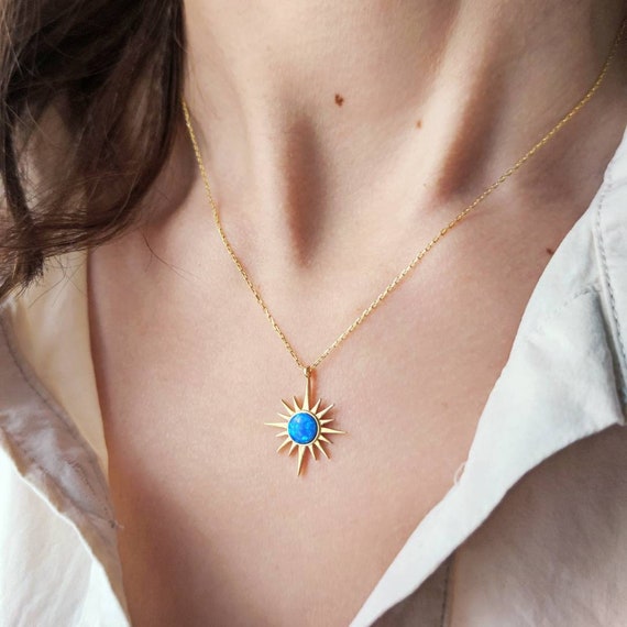 14K Solid Gold Blue Opal Sun Necklace, Dainty Minimalist, Necklace for  Women, October Birthstone, Birthday Gift for Her, Dainty Fine Jewelry - Etsy