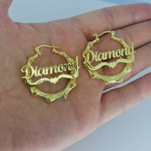 925 Sterling Silver Bamboo Earrings, Custom Name Bamboo Earrings, Gold Name Earrings, Bamboo Hoop Earring, Gift For Her, Earrings For Women,
