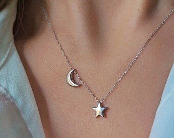 14K Gold Crescent Star Necklace: Minimalist Moon Jewelry