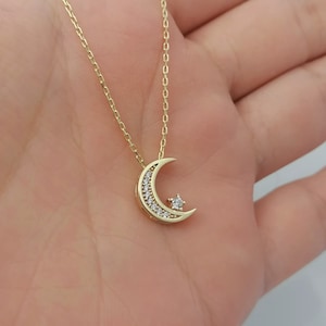 14K Gold Moon Star Necklace, Crescent Gold Necklace, Dainty Gold Pendant, Handmade Jewelry, Minimalist Jewelry, Mothers Day Gift For Her,