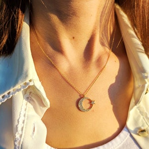 14K Gold Star Necklace, Crescent Moon Necklace, Cluster Pave Necklace, Gold Moon Star Necklace, Minimalist Celestial Necklace Gift for Women
