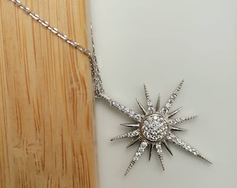 Sterling Silver North Star Necklace: Starburst Charm Pendant