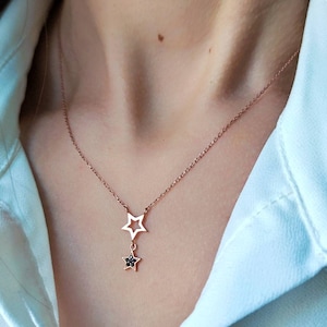 14K Gold Necklace, Celestial Dainty Stars Necklace, Star Gold Pendant, Star Charm Necklace, Birthday Gifts For Her, Valentines Day,