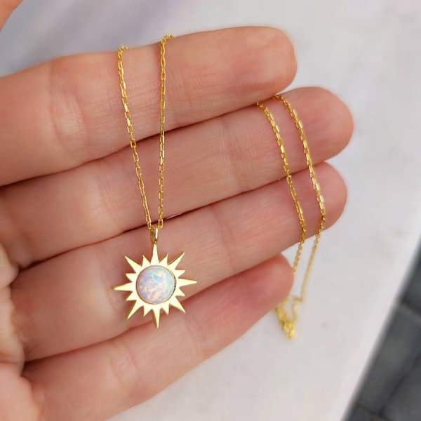 14K Solid Gold Tiny Opal Sun Necklace, Sunshine Pendant, Handmade Jewelry, Gifts For Her, Unique Gifts For Women, Minimalist Necklace