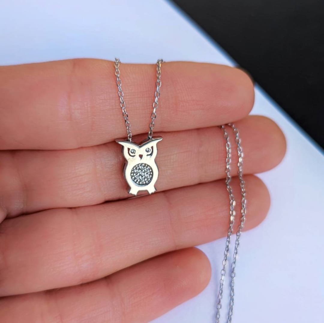 Real Solid Gold Owl Necklace, 14K Solid Gold Owl Pendant Necklace