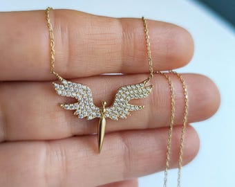 14K Gold Guardian Angel Necklace: Religious Charm Pendant