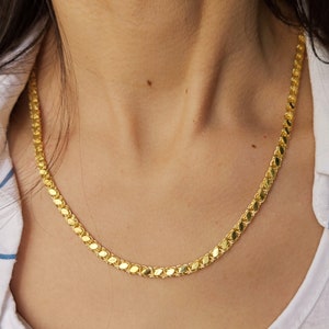 14K Gold Mirror Chain, Fancy Necklace, Chain Necklace, Flat Link Chain Necklace, Jewelry Gold 14K, Marquise Shape Sequin, Gift For Her