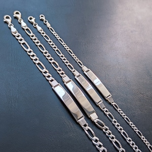 925 Sterling Silver ID Bracelet, Personalized Figaro Chain Name Bracelet with Free Engraving for Kids, Men and Women, Birthday Gifts For Her