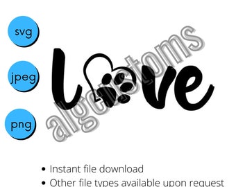 Könnte beinhalten: Schwarzweißes Grafikdesign des Wortes "Love" mit einem Pfotenabdruck im Herzen. Das Design ist zum sofortigen Download in den Formaten SVG, JPEG und PNG verfügbar.