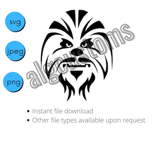 May include: Black and white vector illustration of a Chewbacca head. The image is a simple, stylized design of the iconic Star Wars character.