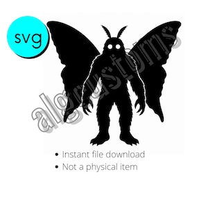 Op de afbeelding: Een zwarte silhouet van een mot-achtig wezen met grote vleugels en gloeiende witte ogen. De afbeelding bevat een cyaan cirkel met de tekst SVG, het watermerk algcustoms en de tekst Instant file download en Not a physical item.