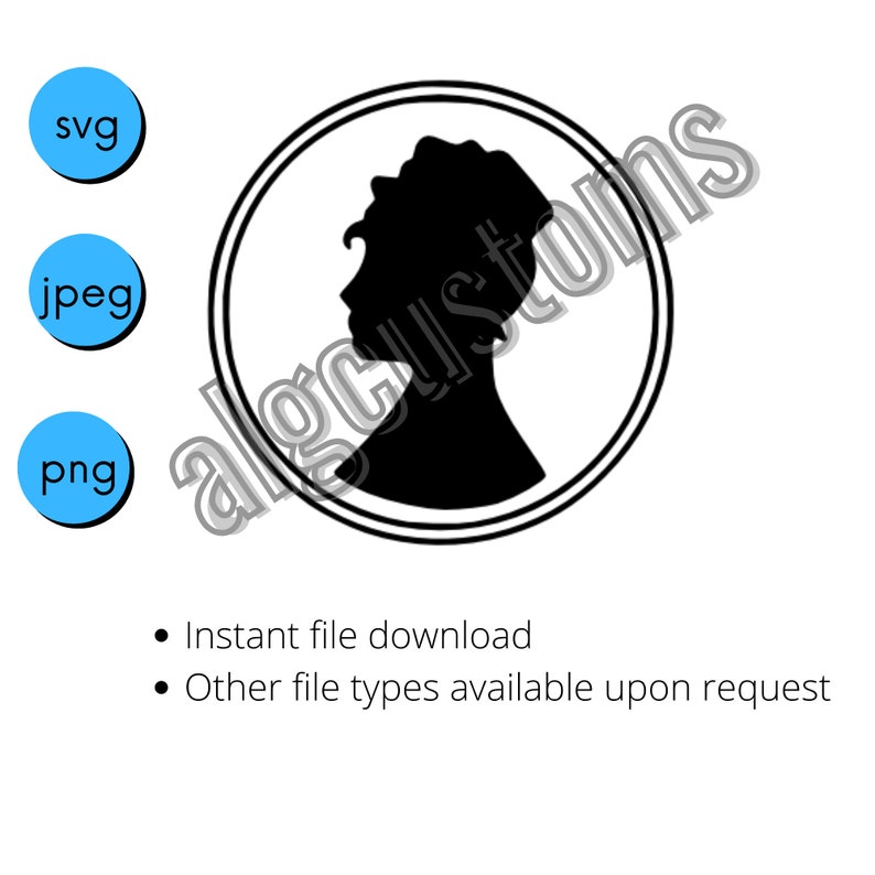 May include: Black and white silhouette of a woman's head and shoulders in a circle with a double border. The silhouette is in profile, facing the left side of the image.