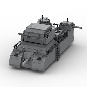 May include: A gray Lego model of a tank with multiple turrets and a ladder on the side.