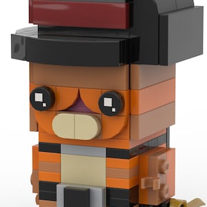 Könnte beinhalten: Eine Lego-Minifigur eines Waschbären, der einen schwarzen Hut mit rotem Streifen und ein orange-braunes gestreiftes Hemd trägt. Der Waschbär hat eine schwarze Nase und einen Schwanz.