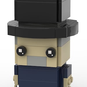 Peut inclure: Une figurine Lego portant un chapeau haut de forme noir, une veste bleue et un pantalon noir. La figurine a un visage brun clair avec des yeux noirs et une bouche grise.