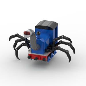 Puede incluir: Un tren de juguete azul y negro con detalles rojos ha sido modificado para parecer una araña. El tren tiene ocho patas negras y ojos rojos.