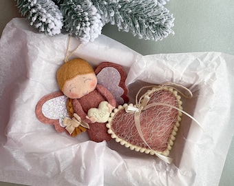 Felt valentine ornaments, felt heart ornament, valentine's day decor, felt gift box, valentine gifts box, felt angel, hearts decor, felt set