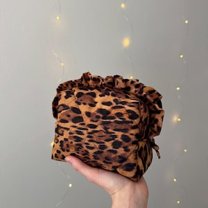 Leopard Print Quilted Makeup Bag with Ruffles, Soft Padded Toiletry Pouch, Handmade Cosmetic Bag Gift for Her