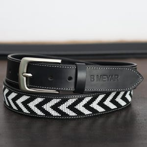 Black and White Beaded Leather Belt, Native Style Pow Wow Belt, Jingle Belt, Rodeo Western Belt, Removable Buckle, Handmade Gift