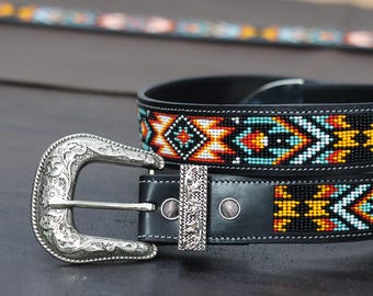 Ceinture Femme En Cuir Véritable Noir - Style Western Avec Perles Turquoise Et Clous Argentés