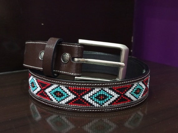 Beaded Western Leather Belt — Turquoise & Red Diamond 