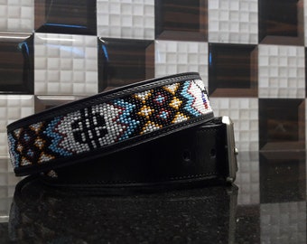 Leather Beaded Belt For Men/Women, Western Cowboy Beaded Belt, Personalized Gift Belt With Removable Buckle, Aztec Brown/Black Bead Belt