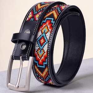 Red Diamond Embellished Embroidered Leather Belt SZ 36 Turquoise Western EUC Beaded Western Leather Belt — Turquoise & Red Diamond  main image 3
