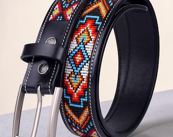 Leren cowboyriem met kralen, 35 mm breed, glaskralen, rokriem, festival tribal mode.