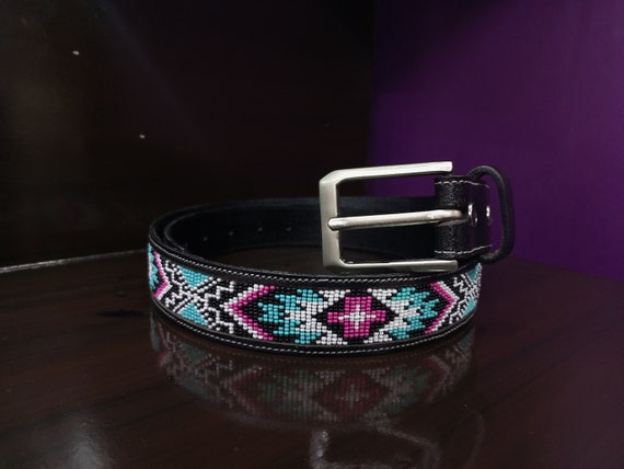 Turquoise Beaded Belt with Leaf Design Desert Bloom Beaded Western Leather Belt With Turquoise Seed  main image 4