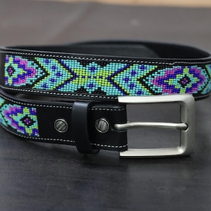 Personalized Bead leather belt for men, Western Cowboy Belt, Native America Belt, Aztec Belt, Deelo Belt, Custom Gift, Removable Buckle