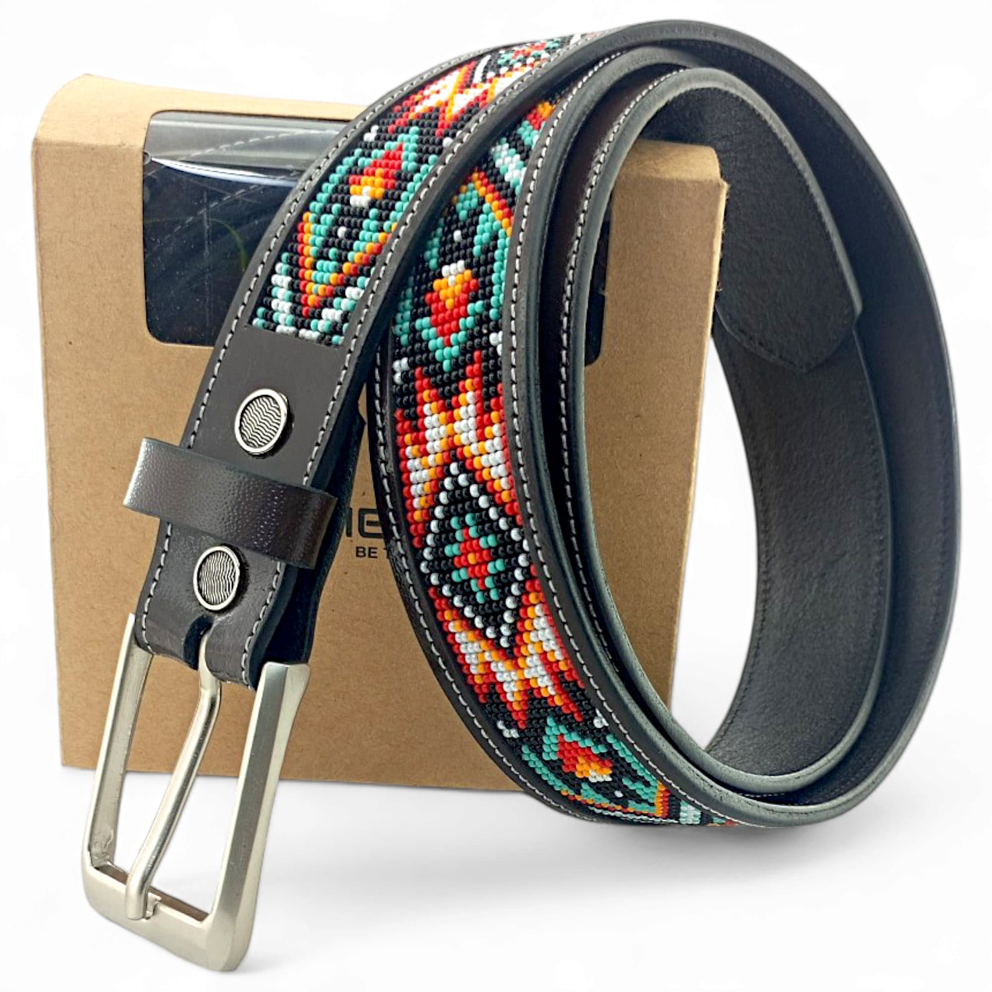 Beaded Leather Belt: Aztec Cowboy Style | Unisex Beadwork | Western ...