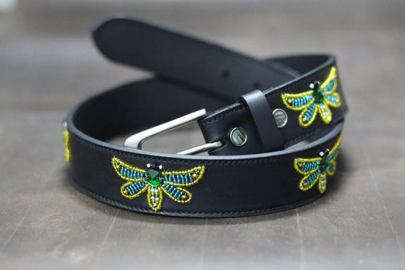 Handcrafted Black Leather Belt: Beaded Dragonfly Design 