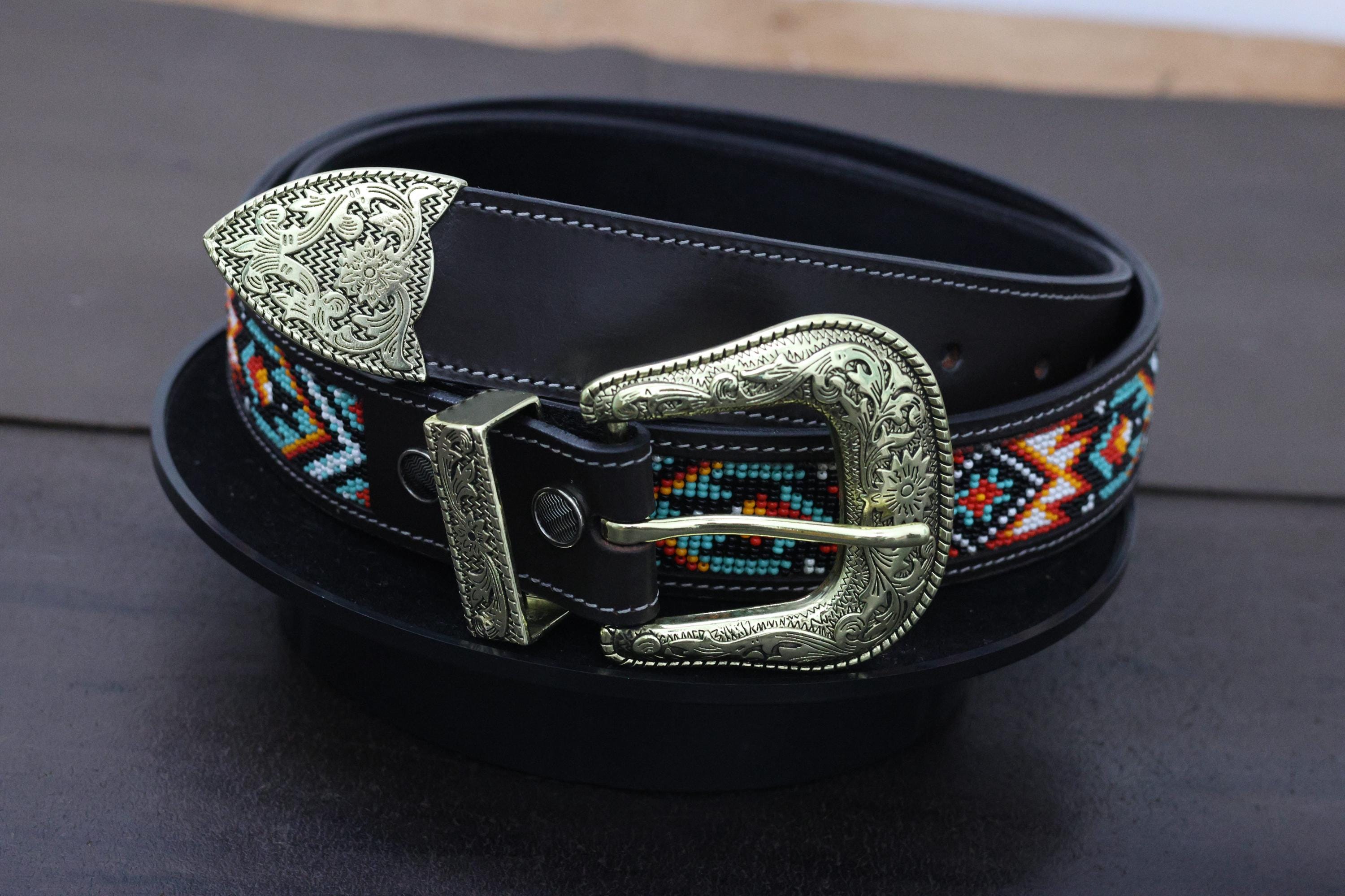 Black Beaded Leather Belt with Gold Buckle Rhinestone leather belt main image 2