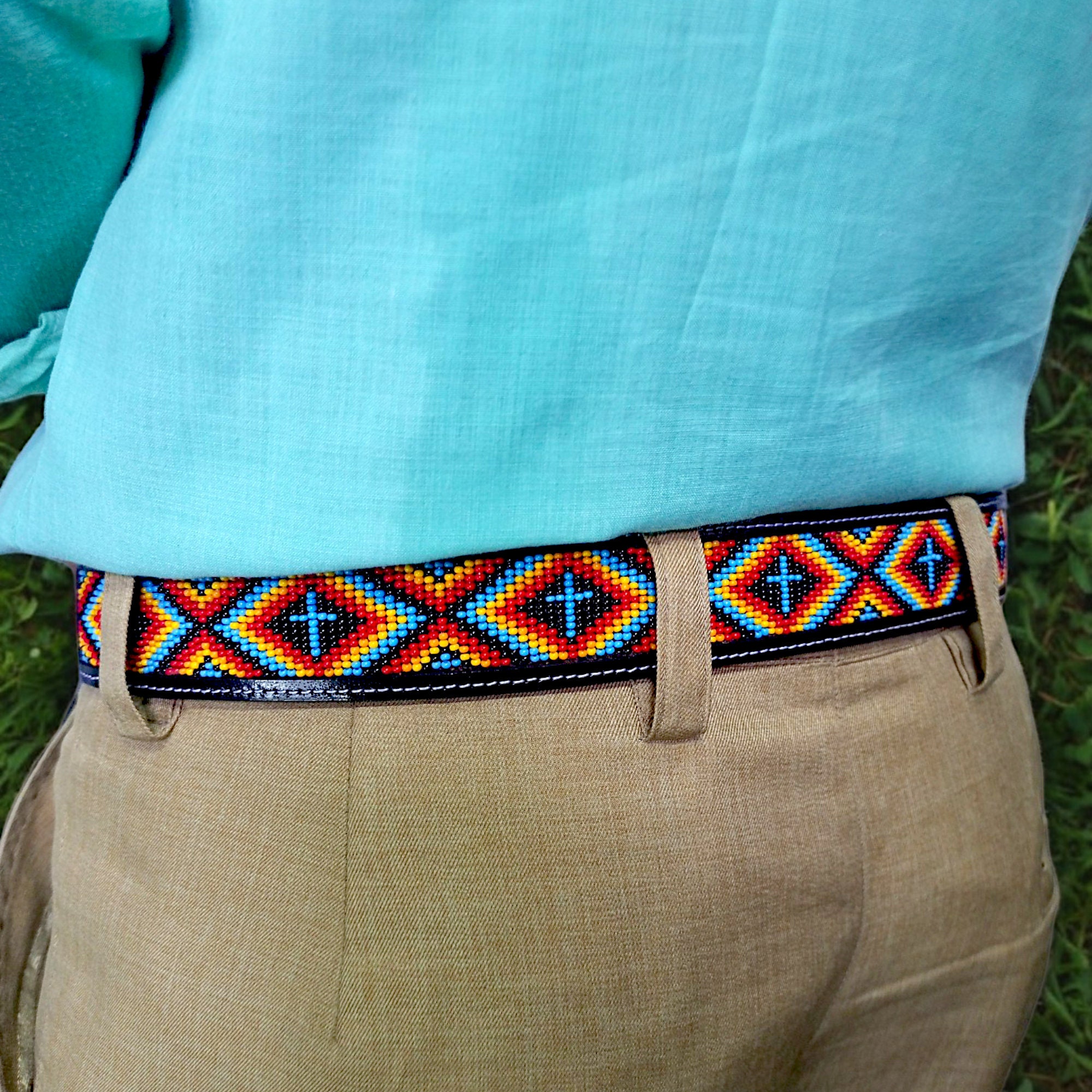 Vintage Southwestern Geometric Beaded Stretch Belt - Blue & Green Diamond Patter Boho Hippie Beaded Stretch Belt Wide Blue Tribal Geometric  main image 3
