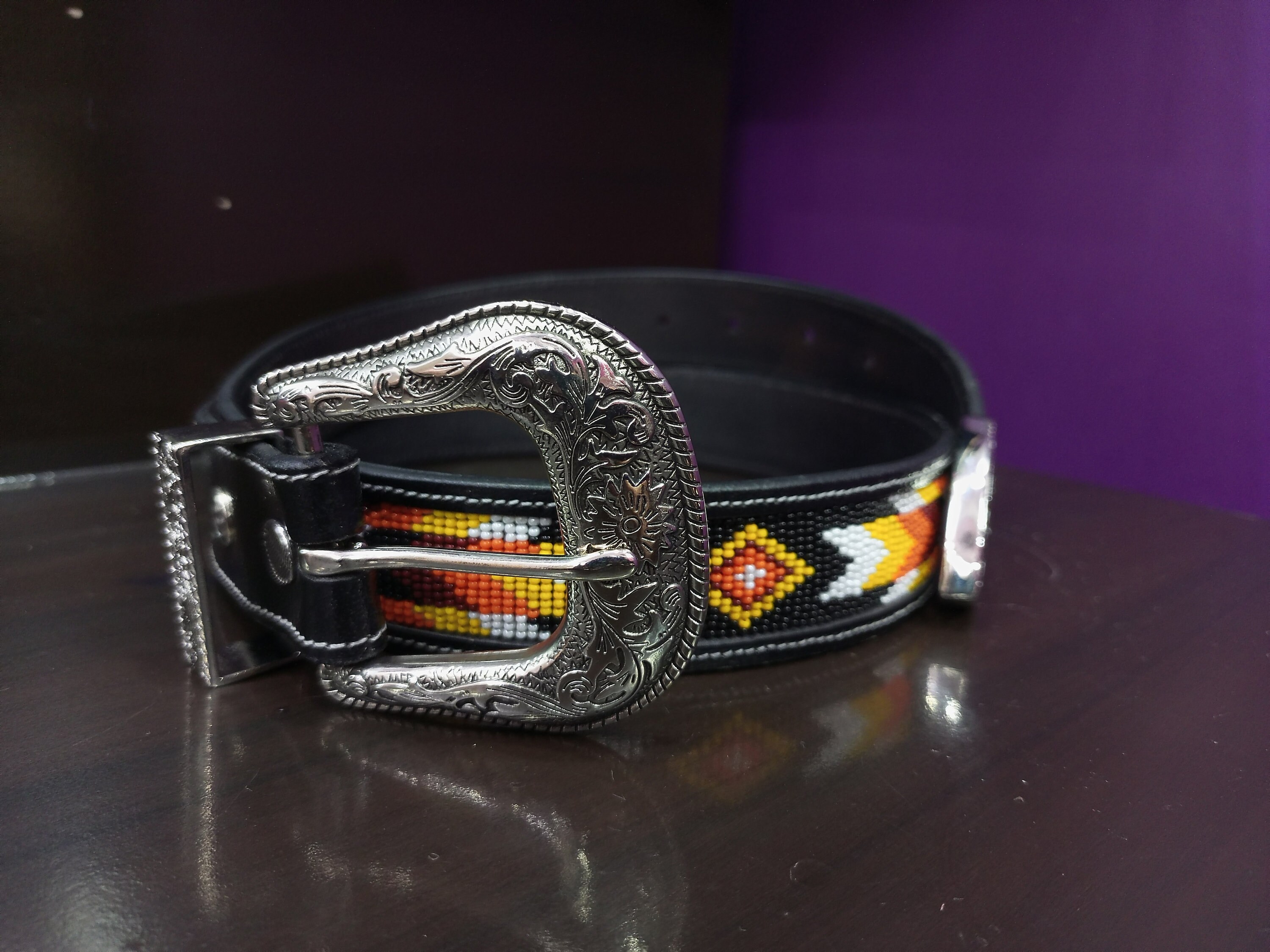 Custom Beaded Western Leather Belt — Multi Color Southwest 
