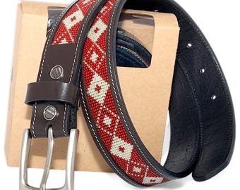 Beaded Leather Belt: Vintage Style, Removable Buckle, South Western Style, Mother's Day Gift.