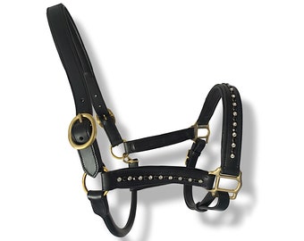 Handcrafted Black And White Stoned Leather Halter with Brass Hardware, Leather padded Adjustable Halter For Horse With Stone Work