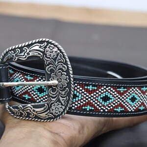 Boho Beaded Western Leather Belt —teal Diamond Pattern  display picture 1