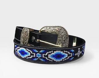 60s Vintage Beaded Leather Belt Thunderbird Western Souvenir 