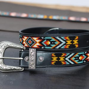 Leather Beaded Belt For Men And Women-Removable Buckle-Black/Brown-Full Bead Work Removable Buckle-personalized gift for her/him, Pow Wow