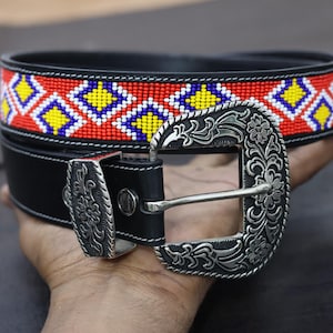 Bead Belt For man, Western Belt Woman, Leather Beaded Belt, Personalized Gift Belt,Native American Leather Removable Buckle Belt, Aztec Belt