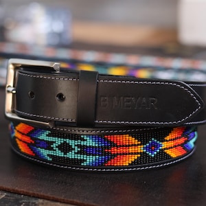 Cross Arrow Design Bead Work Leather Belt, Handmade Cowboy/Cowgirl Belt, Personalized Belt For Gift, Jingle Belt With Removable Buckle.