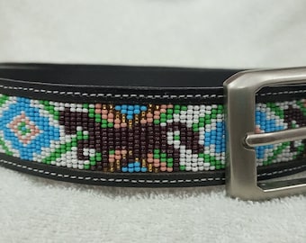 Horse Beaded Leather Belt, Western Cowboy Rodeo Belt, Handmade Equestrian Gift, Native Style Belt, Removable Buckle, Personalized Belt.