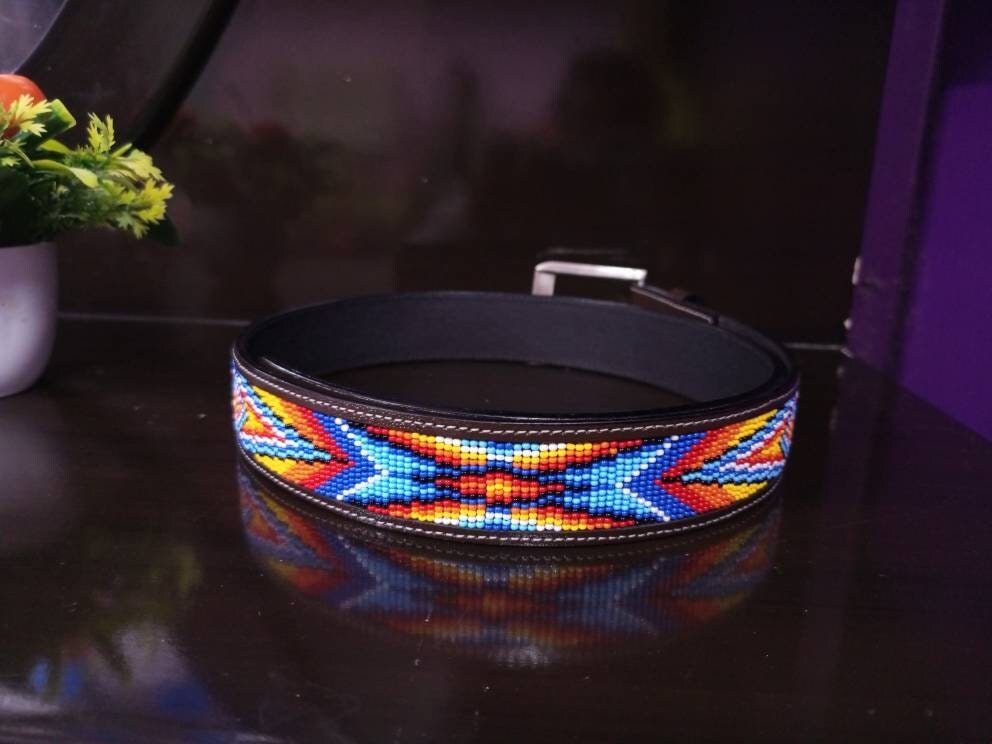 Beaded Western Leather Belt — Blue & Red Southwest Geometric  display picture 1