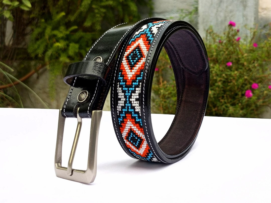 Custom Bead Leather Belt for Men, Casual Beaded Belt for Women, Name on