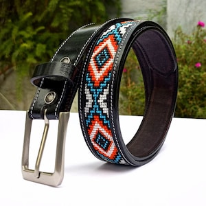 Western Belt, Bead Man Belt, Personalized Handmade Belt, Groomsman Gift, Cowboy Belt, 20 Inches Bead work, Aztec Leather belt, handmade Gift